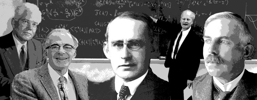 De gauche à droite: Mark Oliphant (1901-2000); Lyman Spitzer (1914-1997); Arthur Eddington (1882-1944); Hans Bethe (1906-2005); et Ernest Rutherford (1871-1937). (Click to view larger version...)